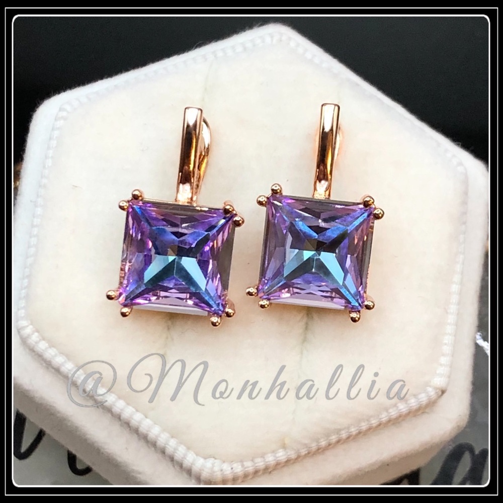 NEW 585 ROSE GOLD TOURMALINE PRISM SQUARE CUT HOOK EARRINGS - Picture 6 of 6